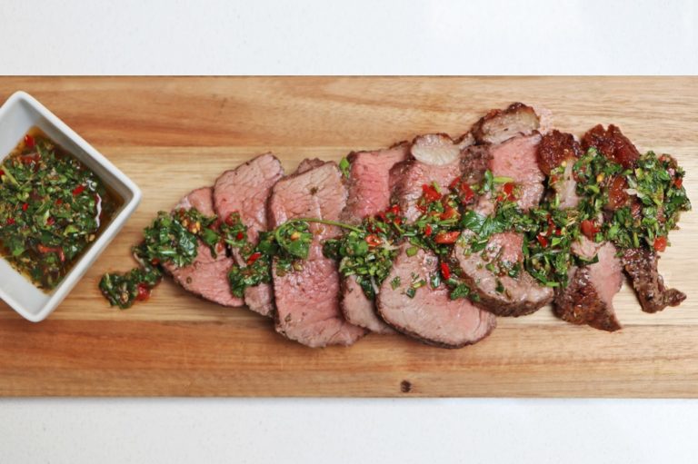 Slow cooked rump steak (churrasco) with Chimichurri dressing Official